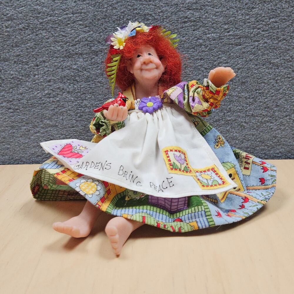 RARE UNIQUE Granny Garden Doll Artist Made Red Hair Cardinal Patchwork Dress